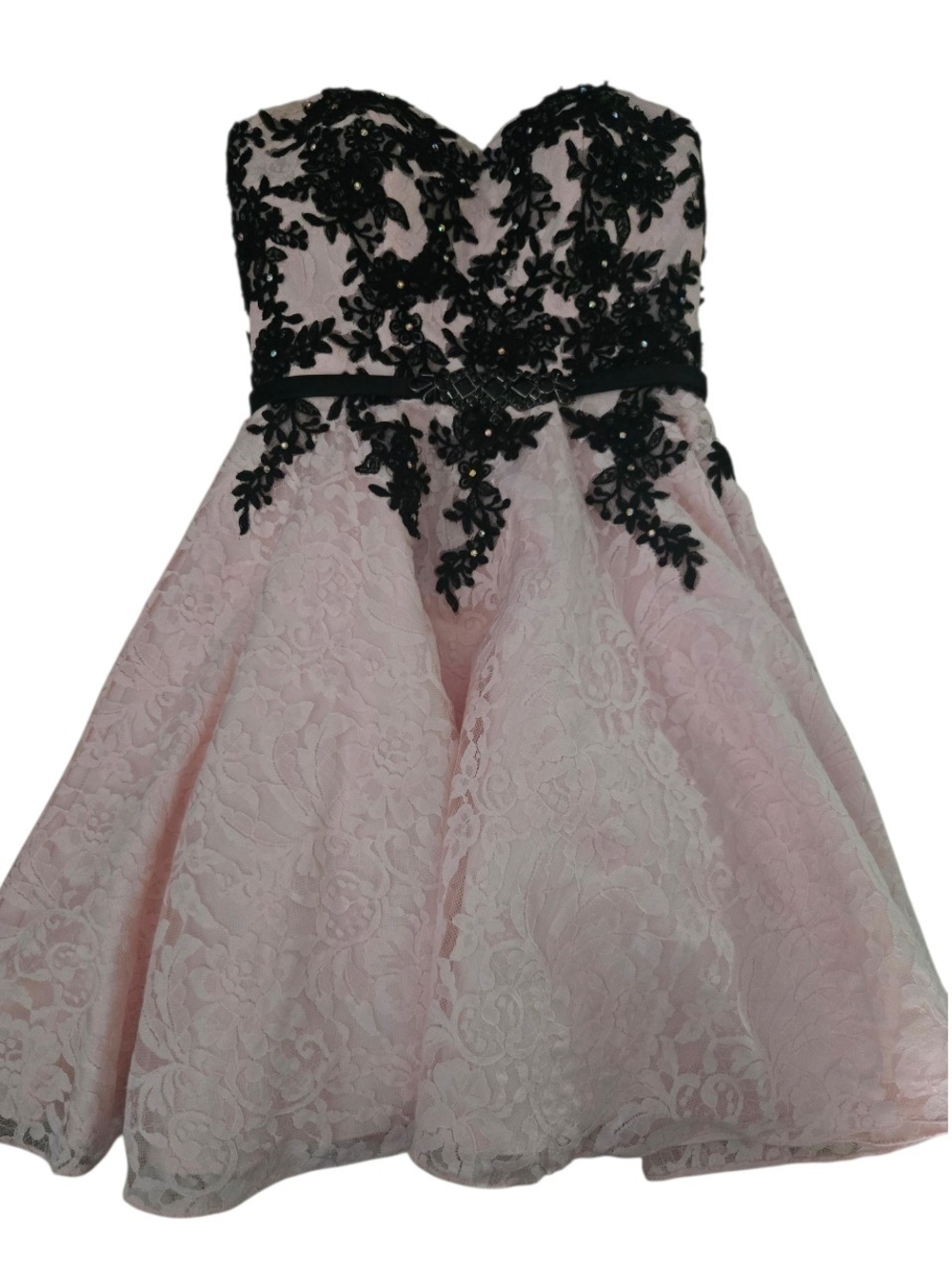 Le Chateau Pink Lace Strapless Dress with Black Floral Embroidery